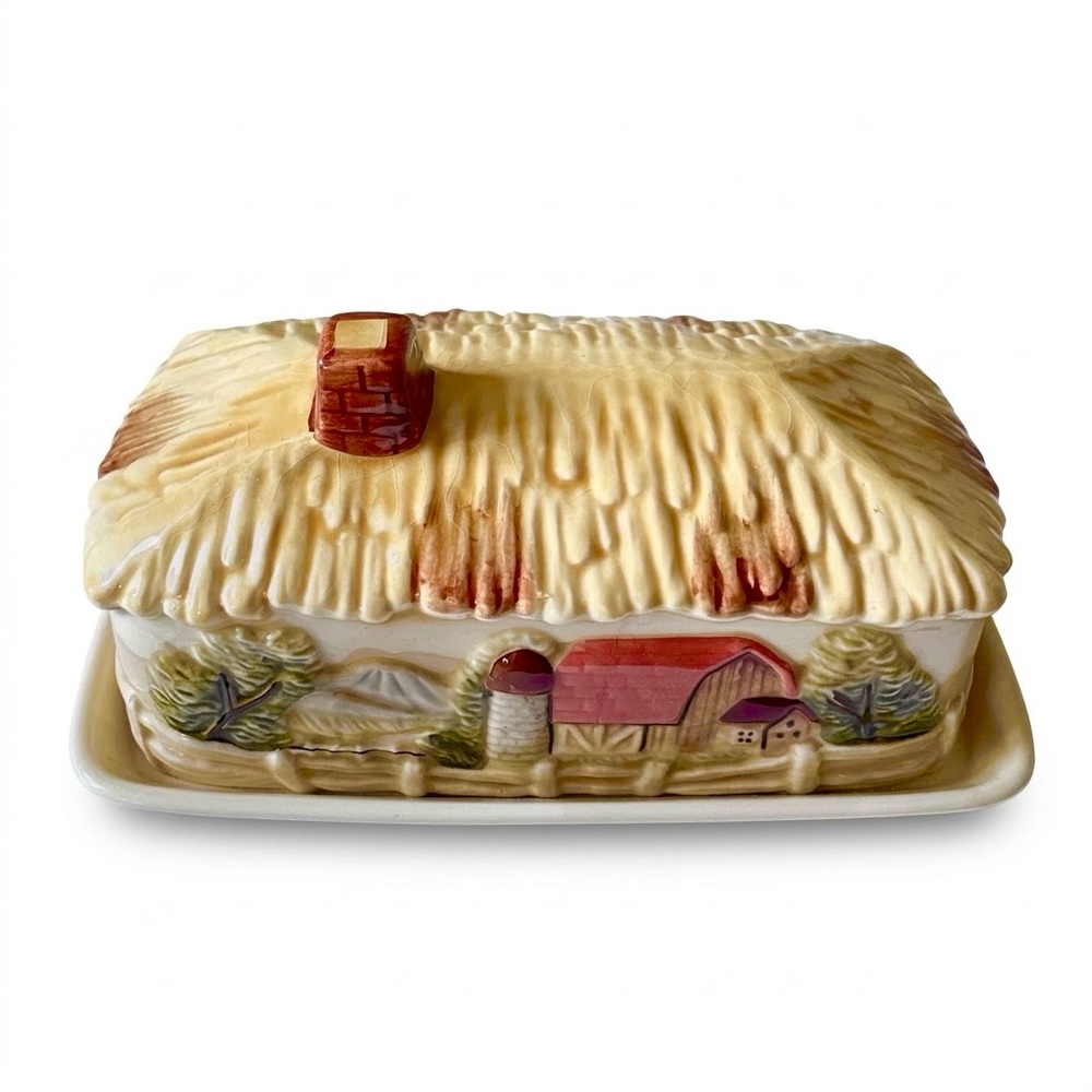 Cottagecore Rustic Farmhouse Butter Dish VINTAGE Covered Ceramic Storage Shabby